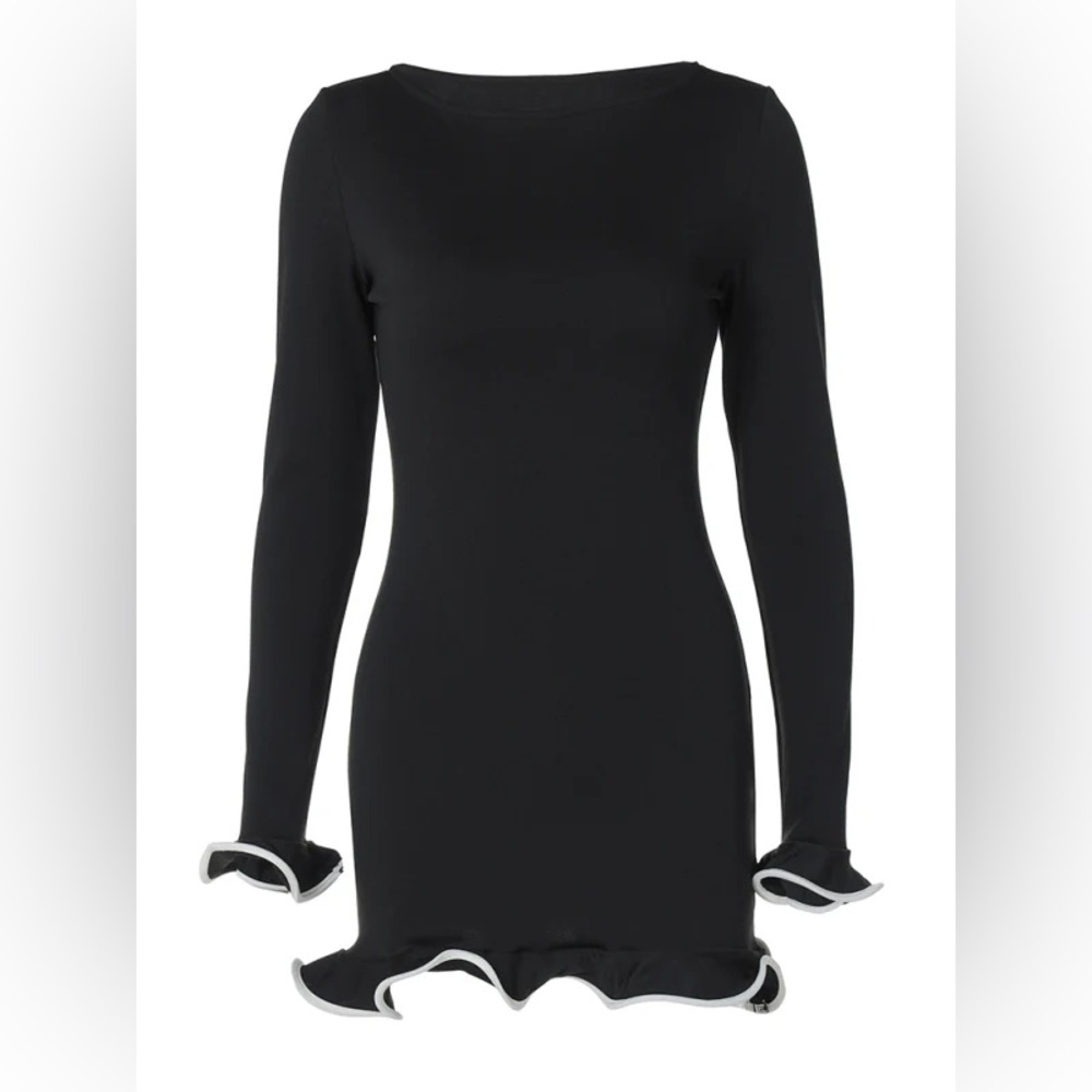 Black Ruffled Sheath Dress with Bell Sleeves